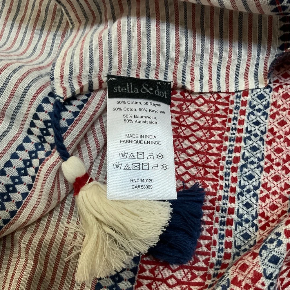 Stella & Dot Destination Scarf Indigo/Red Jacquard w/ Tassels